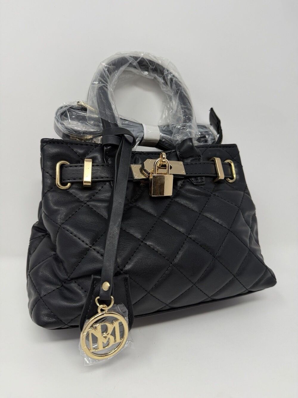 Badgley Mischka Black Quilted Mini Handbag Vegan Leather Gold Accents $129 MSRP